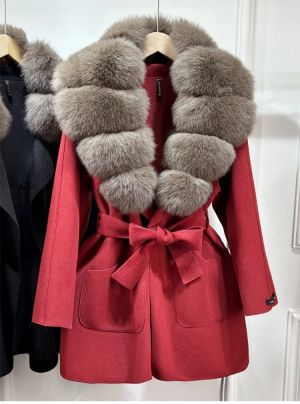 Луксозно естествено вълнено палто с голяма яка лисица ,  с колан и джобове, свободно, ежедневно, зимно