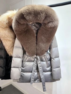 Луксозно яке от естествена сребърна лисица с качулка, голямо, 90% гъши пух, дебело и топло, водоустойчиво