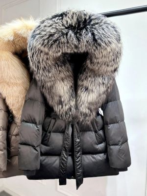 Луксозно яке от естествена сребърна лисица с качулка, голямо, 90% гъши пух, дебело и топло, водоустойчиво