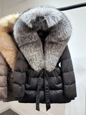 Луксозно яке от естествена сребърна лисица с качулка, голямо, 90% гъши пух, дебело и топло, водоустойчиво