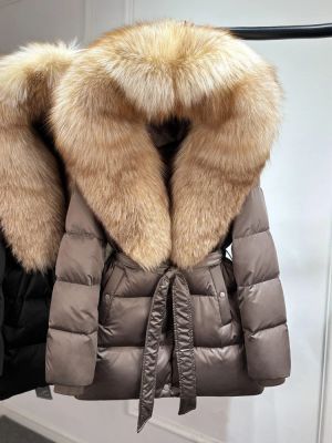 Луксозно яке от естествена сребърна лисица с качулка, голямо, 90% гъши пух, дебело и топло, водоустойчиво
