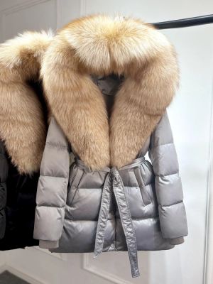 Луксозно яке от естествена сребърна лисица с качулка, голямо, 90% гъши пух, дебело и топло, водоустойчиво