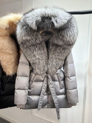 Луксозно яке от естествена сребърна лисица с качулка, голямо, 90% гъши пух, дебело и топло, водоустойчиво