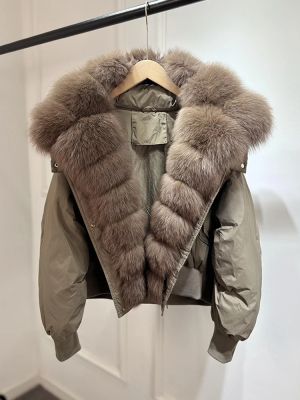 Зимно късо, свободно,пухено палто гъши пух с яка от естествен косъм лисица