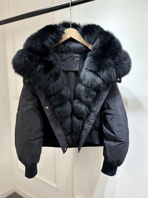 Зимно късо, свободно,пухено палто гъши пух с яка от естествен косъм лисица