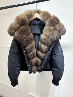 Зимно късо, свободно,пухено палто гъши пух с яка от естествен косъм лисица