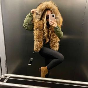 Зимно бомбър яке, естествена лисича кожа с качулка миеща мечка