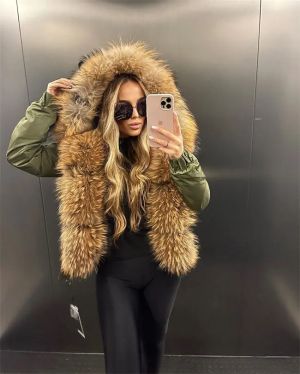 Зимно бомбър яке, естествена лисича кожа с качулка миеща мечка