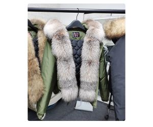 Зимно бомбър яке, естествена лисича кожа с качулка миеща мечка