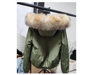 Зимно бомбър яке, естествена лисича кожа с качулка миеща мечка