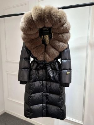 Луксозно зимно лъскаво палто над коляното за жени с гъши пух  и качулка от естествен косъм лисица