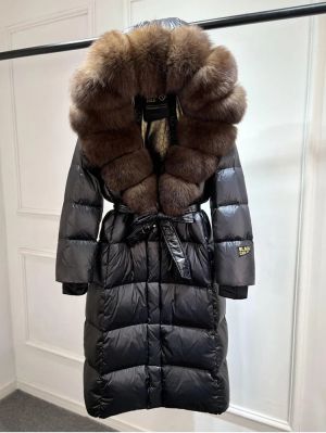 Луксозно зимно лъскаво палто над коляното за жени с гъши пух  и качулка от естествен косъм лисица