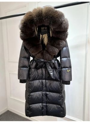 Луксозно зимно лъскаво палто над коляното за жени с гъши пух  и качулка от естествен косъм лисица