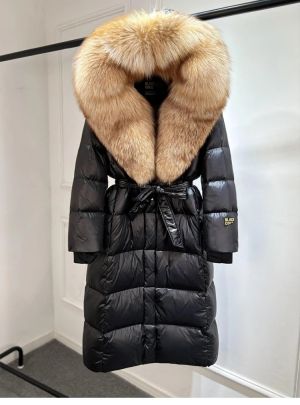 Луксозно зимно лъскаво палто над коляното за жени с гъши пух  и качулка от естествен косъм лисица