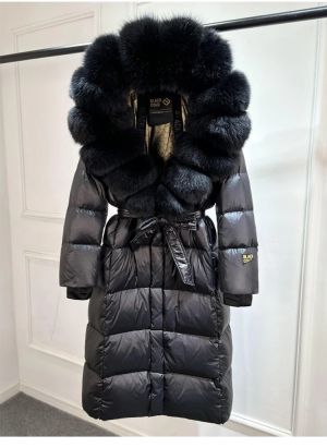 Луксозно зимно лъскаво палто над коляното за жени с гъши пух  и качулка от естествен косъм лисица