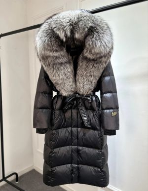 Луксозно зимно лъскаво палто над коляното за жени с гъши пух  и качулка от естествен косъм лисица