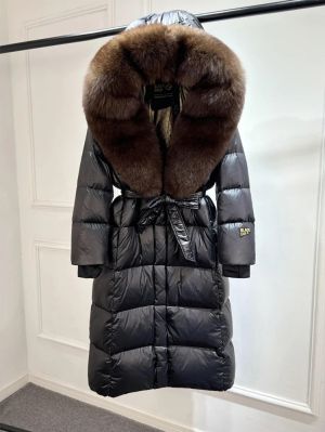 Луксозно зимно лъскаво палто над коляното за жени с гъши пух  и качулка от естествен косъм лисица