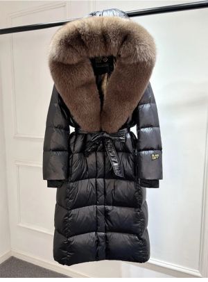 Луксозно зимно лъскаво палто над коляното за жени с гъши пух  и качулка от естествен косъм лисица