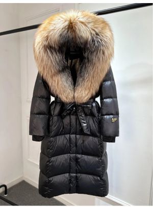Луксозно зимно лъскаво палто над коляното за жени с гъши пух  и качулка от естествен косъм лисица