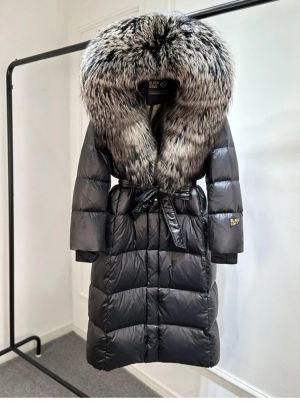 Луксозно зимно лъскаво палто над коляното за жени с гъши пух  и качулка от естествен косъм лисица