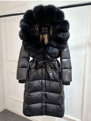 Луксозно зимно лъскаво палто над коляното за жени с гъши пух  и качулка от естествен косъм лисица