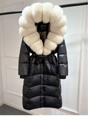 Луксозно зимно лъскаво палто над коляното за жени с гъши пух  и качулка от естествен косъм лисица