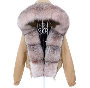 Зимно бомбър яке, естествена лисича кожа с качулка миеща мечка