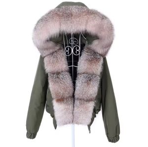 Зимно бомбър яке, естествена лисича кожа с качулка миеща мечка