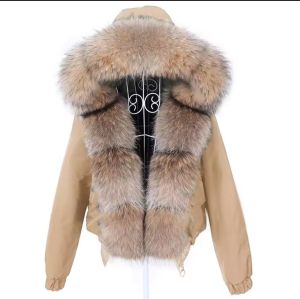 Зимно бомбър яке, естествена лисича кожа с качулка миеща мечка