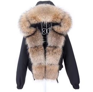 Зимно бомбър яке, естествена лисича кожа с качулка миеща мечка