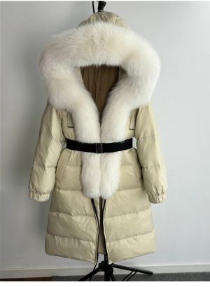 Зимно голямо палто - истинска сребърна лисица с яка и качулка, удебелено, топло, свободно с колан и патешки пух