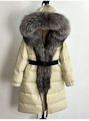 Зимно голямо палто - истинска сребърна лисица с яка и качулка, удебелено, топло, свободно с колан и патешки пух