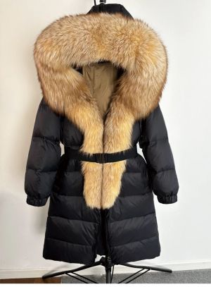 Зимно голямо палто - истинска сребърна лисица с яка и качулка, удебелено, топло, свободно с колан и патешки пух