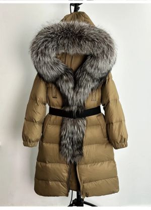Зимно голямо палто - истинска сребърна лисица с яка и качулка, удебелено, топло, свободно с колан и патешки пух