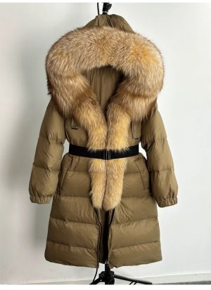 Зимно голямо палто - истинска сребърна лисица с яка и качулка, удебелено, топло, свободно с колан и патешки пух