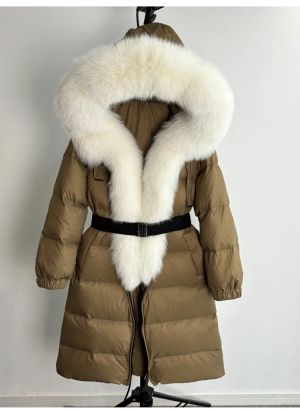 Зимно голямо палто - истинска сребърна лисица с яка и качулка, удебелено, топло, свободно с колан и патешки пух