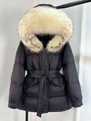  Зимно яке с яка и пух естествен косъм лисица, с връзки и качулка 