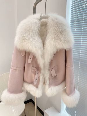 Зимно кожено палто с яка естествен косъм лисица