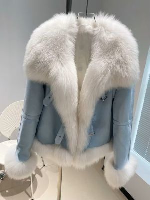 Зимно кожено палто с яка естествен косъм лисица