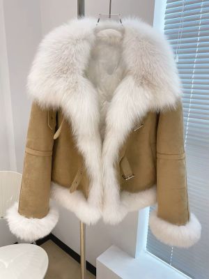 Зимно кожено палто с яка естествен косъм лисица