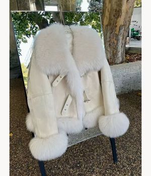 Зимно кожено палто с яка естествен косъм лисица