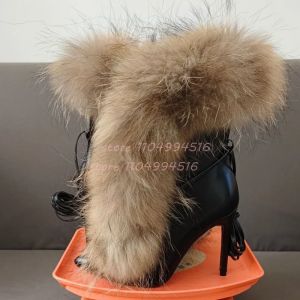 Дамски кожени черни боти с остър връх и тънък ток с естествен косъм лисица