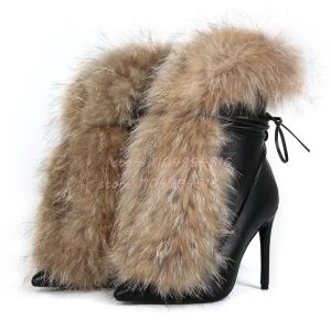 Дамски кожени черни боти с остър връх и тънък ток с естествен косъм лисица
