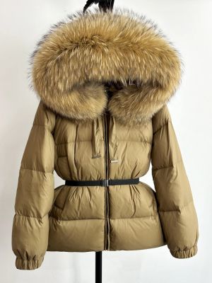Зимно яке с качулка от естествен косъм лисица и колан
