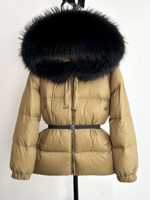 Зимно яке с качулка от естествен косъм лисица и колан