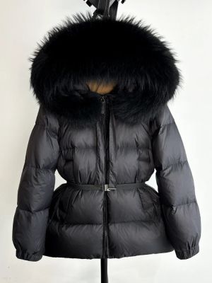 Зимно яке с качулка от естествен косъм лисица и колан