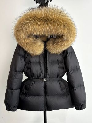 Зимно яке с качулка от естествен косъм лисица и колан
