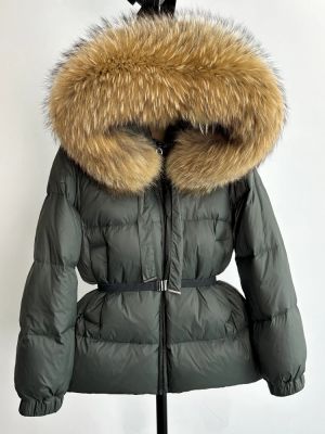 Зимно яке с качулка от естествен косъм лисица и колан