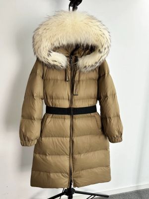 Дълго зимно яке с качулка от естествен косъм миеща мечка и колан