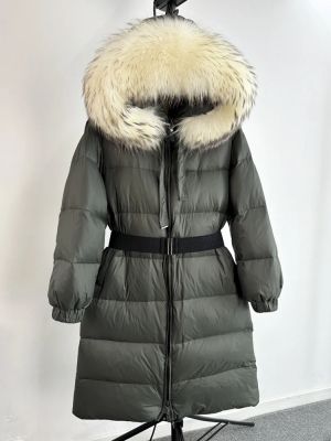 Дълго зимно яке с качулка от естествен косъм миеща мечка и колан